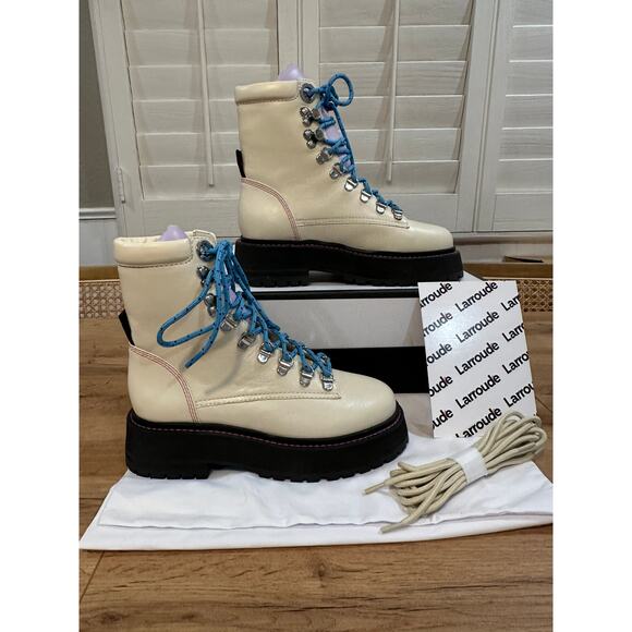 Larroude Jordan Low Combat Boots Kidskin Leather Ivory Violet Size 5.5 or 6 NIB - Picture 3 of 16